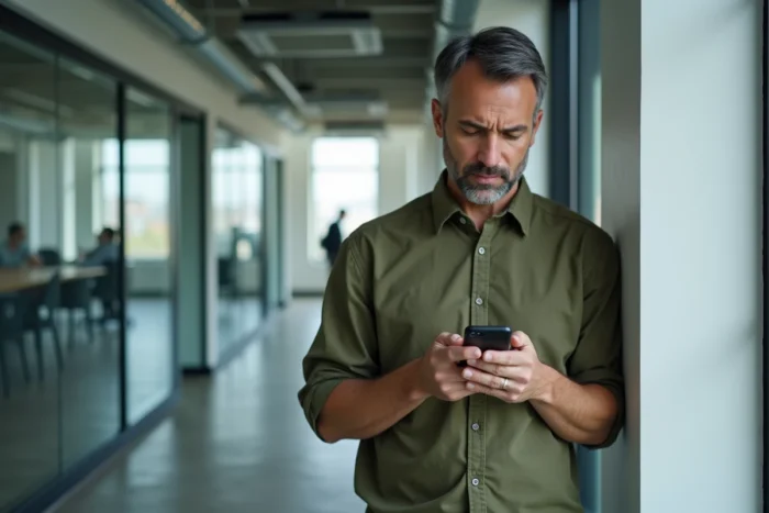 Homme se connectant discrètement à son espace membre depuis son mobile dans un couloir de bureau