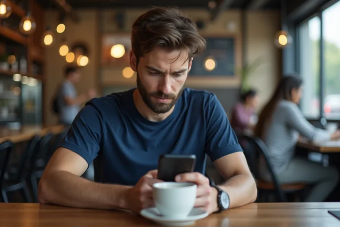 Homme consultant son espace membre sur son smartphone de manière discrète dans un café