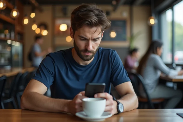 Homme consultant son espace membre sur son smartphone de manière discrète dans un café