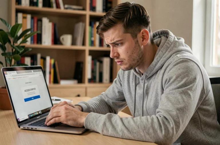 Homme accédant à un site bloqué sur son ordinateur portable avec un message d'erreur dans le navigateur