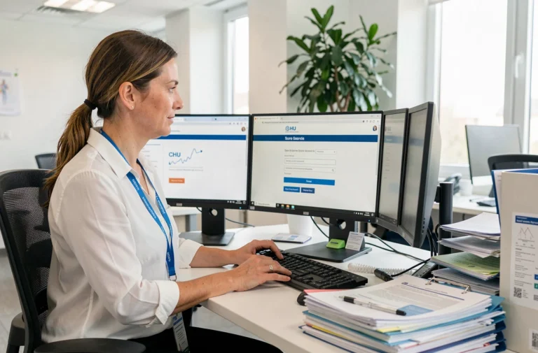Administratrice hospitalière connectée au portail intranet sécurisé d'un CHU sur un poste de travail professionnel