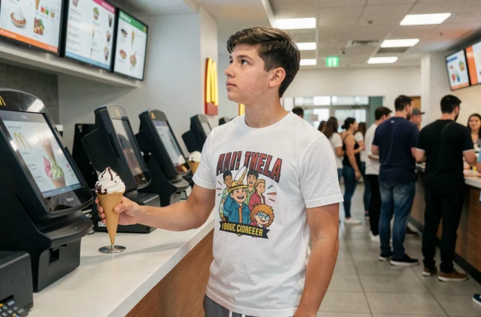 Adolescent commandant un McSundae au comptoir d'un McDonald's moderne, regardant le menu avec attention