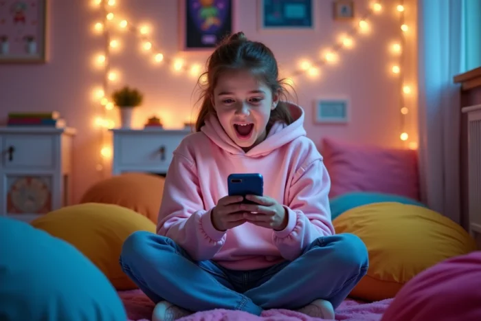 Adolescente enthousiaste découvrant son classement élevé sur Candy Crush dans sa chambre colorée