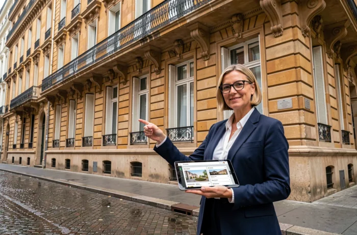 Agente immobilière présentant un immeuble haussmannien dans le quartier de la Presqu'île à Lyon