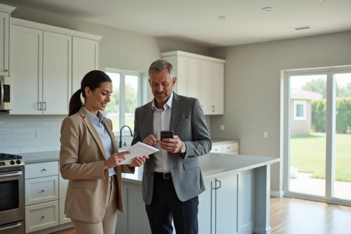 Deux agents immobiliers vérifiant une liste de contrôle pour éviter les erreurs coûteuses lors de la création d'une visite virtuelle dans une cuisine moderne