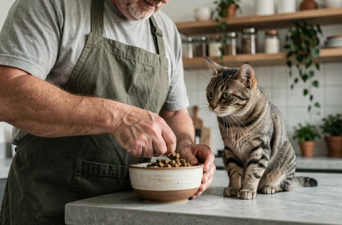 Homme nourrissant un chat tigré dans une cuisine moderne, alimentation saine pour animaux de compagnie