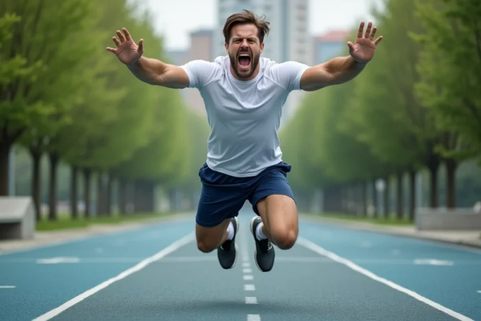 Homme réalisant des burpees en plein air sur une piste d'athlétisme comme exercice de remplacement de la corde à sauter