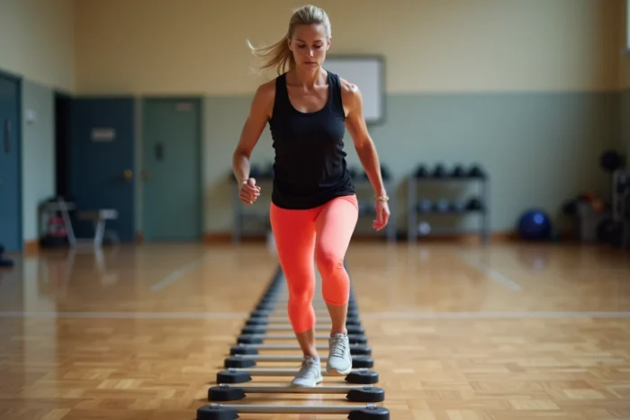 Femme travaillant la coordination avec une échelle d'agilité au sol en salle de sport comme substitut à la corde à sauter