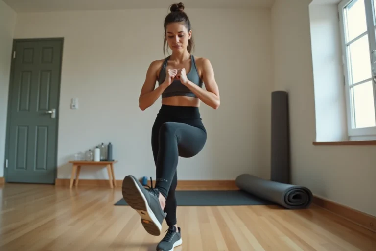 Femme effectuant des montées de genoux comme alternative à la corde à sauter dans une salle de fitness à domicile
