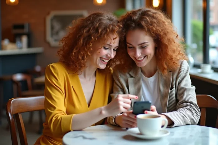 Deux amies consultant un site de shopping mode en ligne sur un smartphone dans un café, partageant leurs coups de cœur de la saison