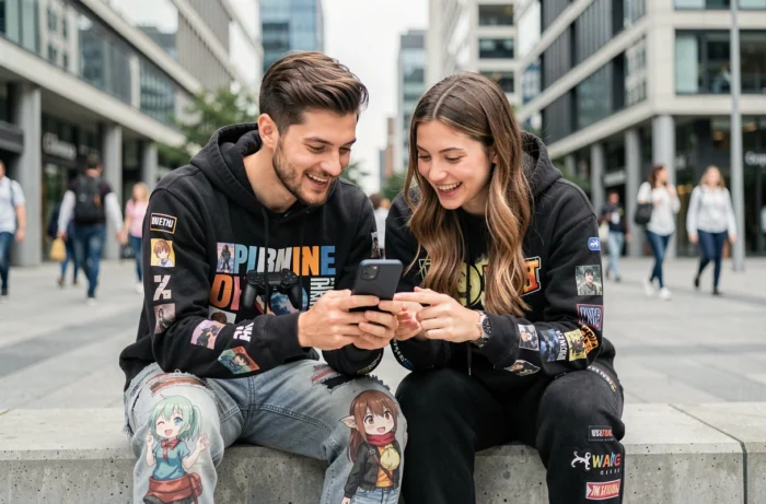 Deux amis passionnés de culture geek et d'anime discutant d'actualité pop culture sur un smartphone en plein air dans un cadre urbain moderne