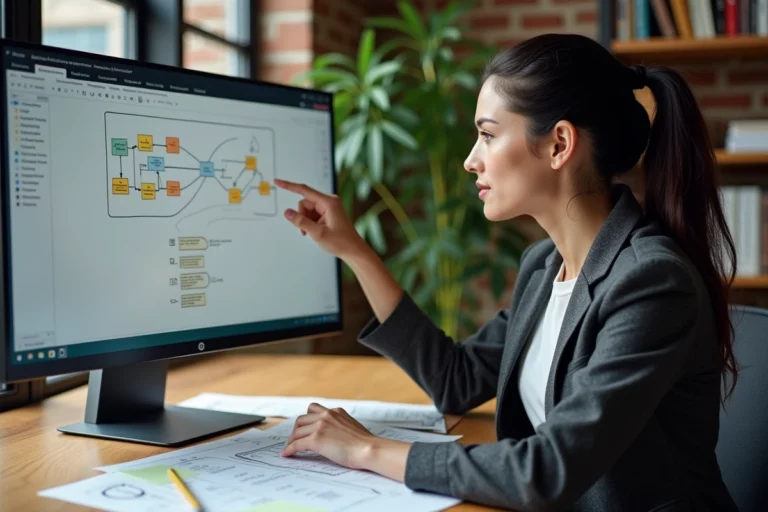 Professionnelle analysant un sitemap de site web sur un écran d'ordinateur dans un bureau moderne
