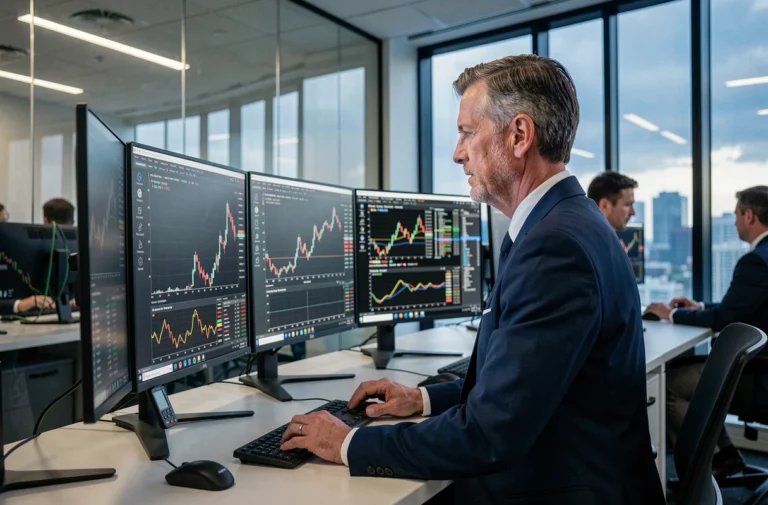 Analyste financier examinant les graphiques de l'indice boursier Indexeuro PX1 sur plusieurs écrans dans un bureau de trading moderne