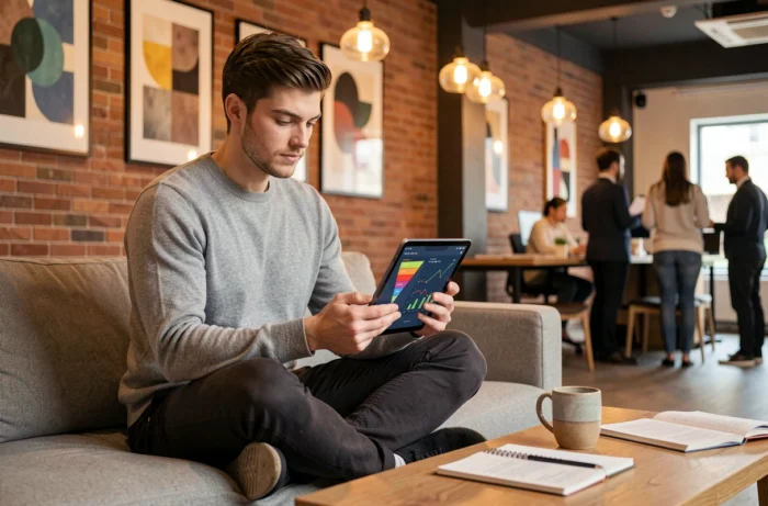 Analyste marketing consultant des métriques de scoring et d'automatisation B2B sur une tablette dans un espace de coworking moderne