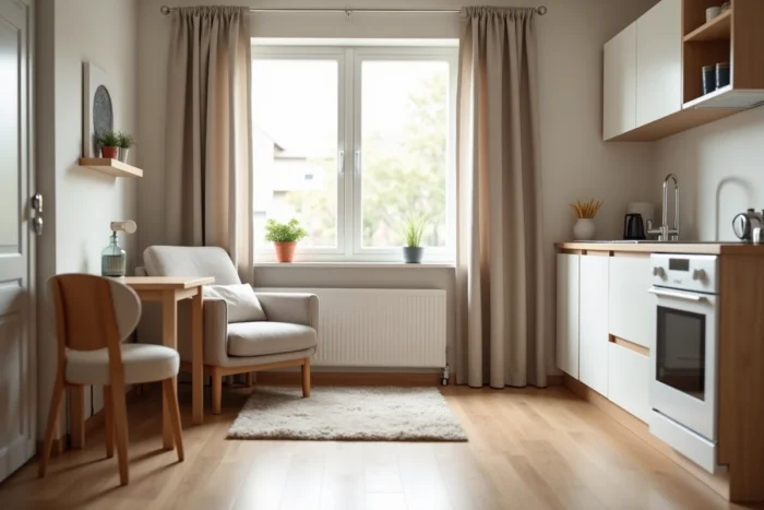 Intérieur d'un appartement studio moderne dans une résidence senior à Bergerac, décoré avec goût
