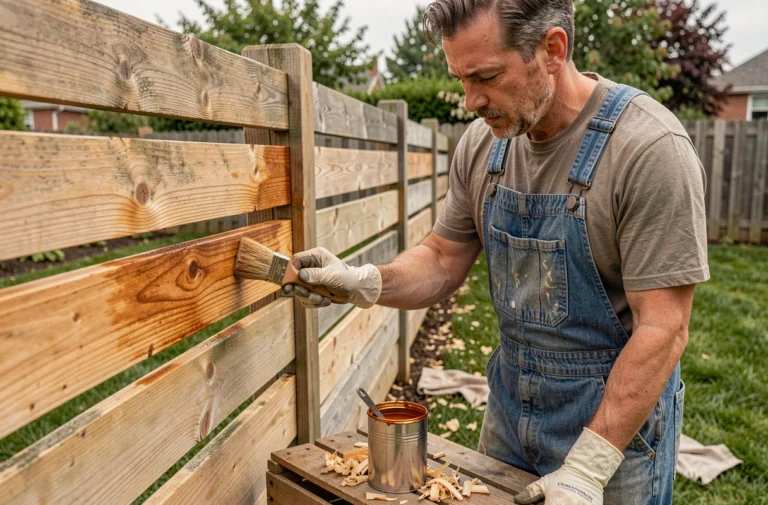 Homme appliquant une lasure bois Parkside sur une clôture en pin avec un pinceau naturel, boîte de lasure ambrée posée sur une caisse en bois