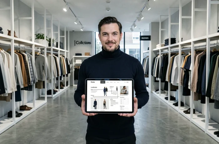 Homme tenant une tablette avec l'architecture de navigation d'un site de mode dans une boutique contemporaine minimaliste