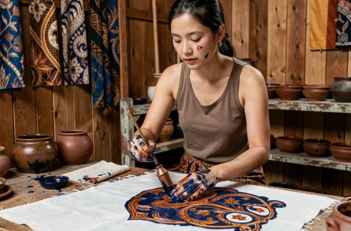 Jeune femme apprenant la technique traditionnelle du batik balinais dans un atelier artisanal à Bali en Indonésie