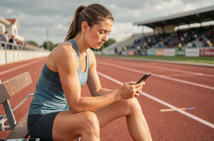 Athlète féminine consultant les résultats sportifs sur smartphone sur une piste d'athlétisme en plein air