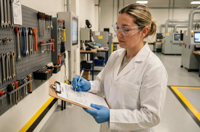 Auditrice réalisant une évaluation des risques en usine dans le cadre de la mise en place de la norme OHSAS 18001