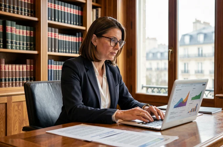 Avocate française analysant des documents relatifs à la loi sur l'intelligence artificielle dans un bureau parisien