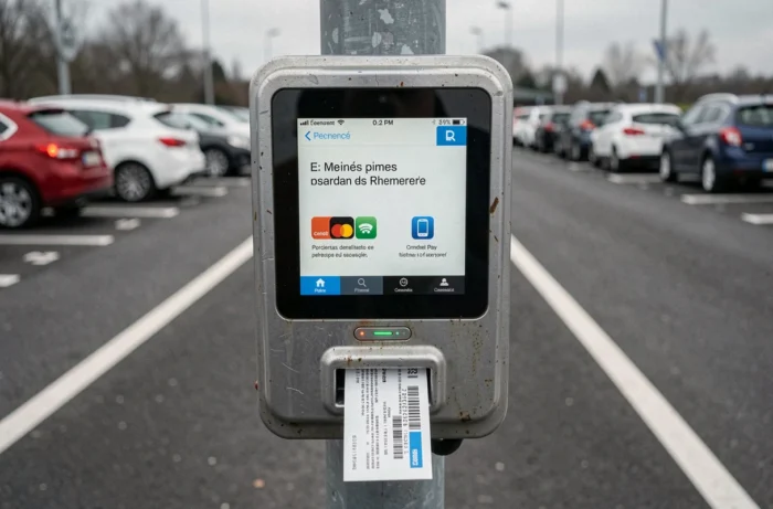 Borne de paiement de stationnement dans le parking de la gare de Valence TGV avec interface en français
