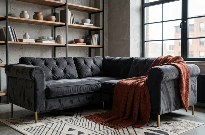 Grand canapé d'angle en velours anthracite avec pieds en laiton dans un appartement urbain au style industriel