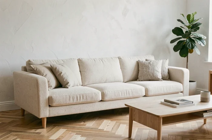 Canapé scandinave en bouclé beige avec pieds en chêne naturel dans un salon moderne aux tons neutres