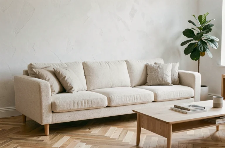 Canapé scandinave en bouclé beige avec pieds en chêne naturel dans un salon moderne aux tons neutres