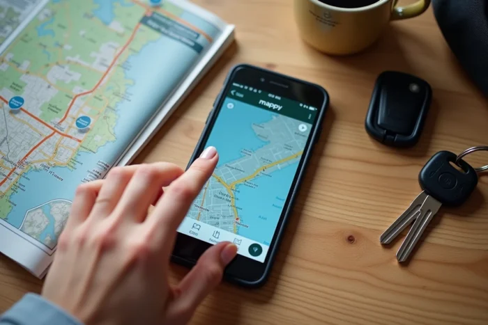 Smartphone avec carte Mappy téléchargée hors connexion posé sur une table avec une carte routière papier et des clés de voiture
