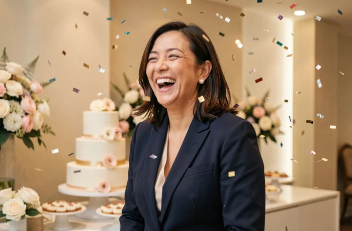 Femme élégante célébrant son anniversaire dans une salle de réception moderne avec des confettis et un gâteau décoré