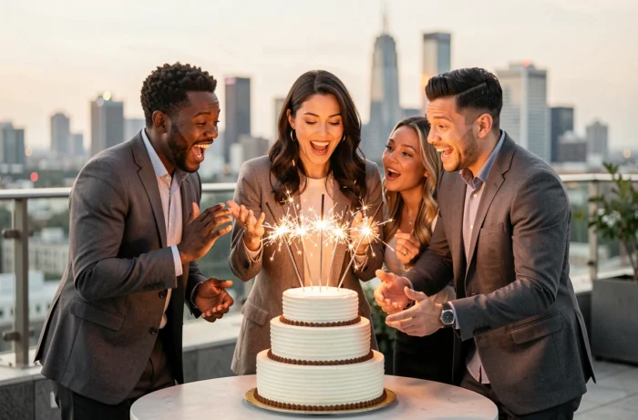 Groupe d'amis célébrant un anniversaire sur une terrasse rooftop avec un gâteau à étages et des étoiles scintillantes sur fond de skyline urbain