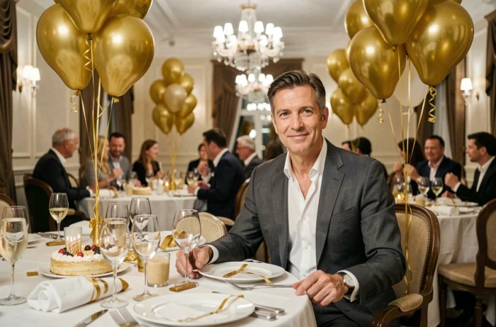 Homme en costume célébrant son anniversaire dans un restaurant élégant entouré de ballons dorés et de décorations festives