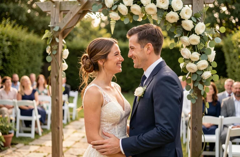 Mariés s'échangeant un regard tendre sous une arche fleurie lors d'une cérémonie de mariage en plein air dans un jardin verdoyant