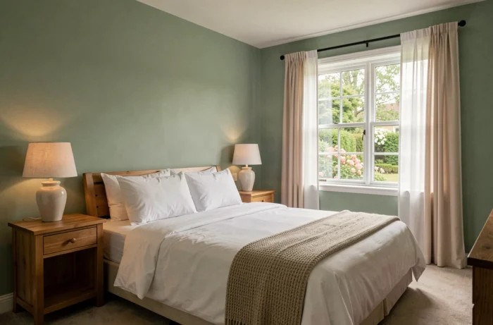 Chambre principale soigneusement mise en scène pour une visite virtuelle immobilière avec literie blanche et tons sauge