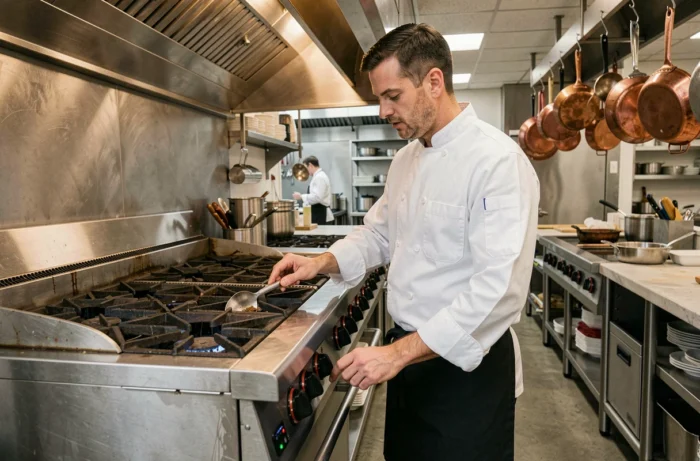 Chef professionnel inspectant un fourneau commercial en inox dans une cuisine de restaurant équipée