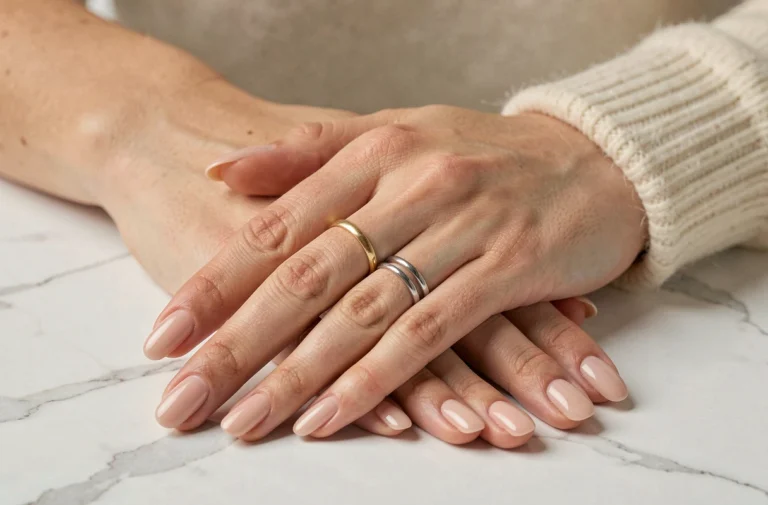 Mains féminines aux ongles soignés portant une bague dorée à l'annulaire et une bague argentée à l'index sur fond de marbre blanc