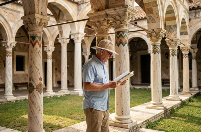 Cloître de la cathédrale de Monreale avec colonnes sculptées et touriste consultant un guide de visite