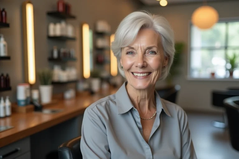 Femme de 70 ans aux cheveux argentés dans un salon de coiffure moderne, exprimant confiance et élégance