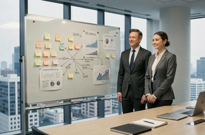 Deux professionnels B2B collaborant sur une stratégie d'intégration CRM et de marketing automation devant un tableau blanc dans une salle de réunion moderne