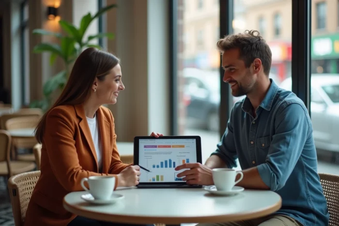 Deux collègues collaborant sur une stratégie de marketing digital autour d'une tablette dans un café urbain