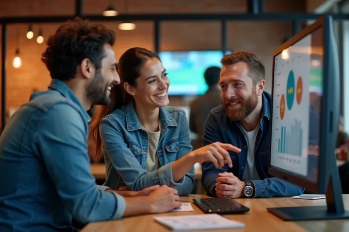 Trois collègues en espace de coworking analysant un comparatif de logiciels pour améliorer la communication d'équipe