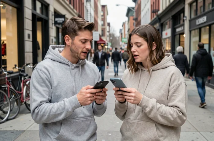 Deux jeunes adultes comparant des smartphones haut de gamme dans une rue animée, symbolisant les choix technologiques mobiles en 2024