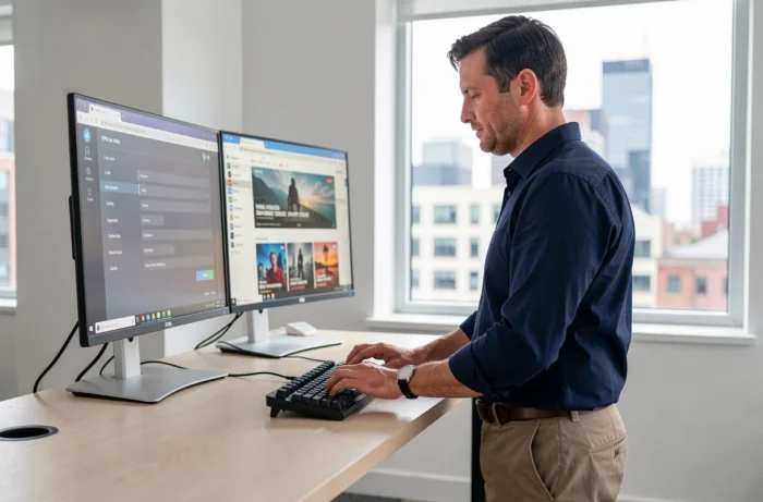 Homme configurant un VPN sur son ordinateur de bureau pour contourner le blocage d'un site de streaming