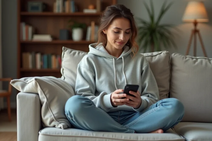 Femme accédant à son espace membre depuis son téléphone portable confortablement installée chez elle