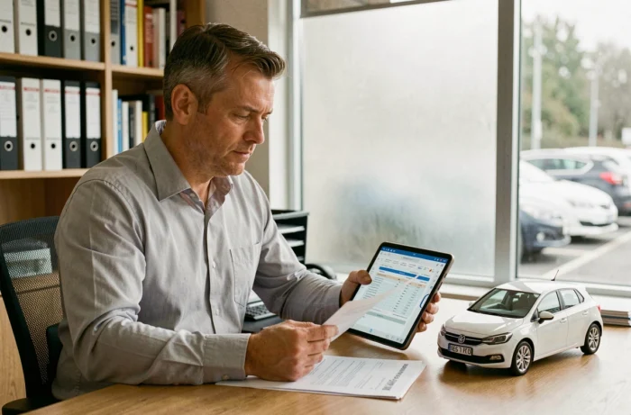 Conseiller en assurance auto examinant un contrat d'assurance lié à une modification moteur et reprogrammation de véhicule