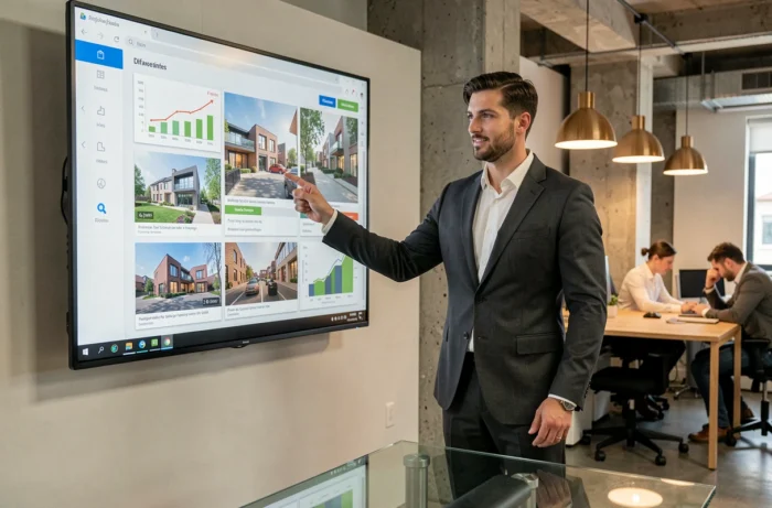 Conseiller immobilier présentant des services d'agence en ligne à un client dans un espace de coworking moderne
