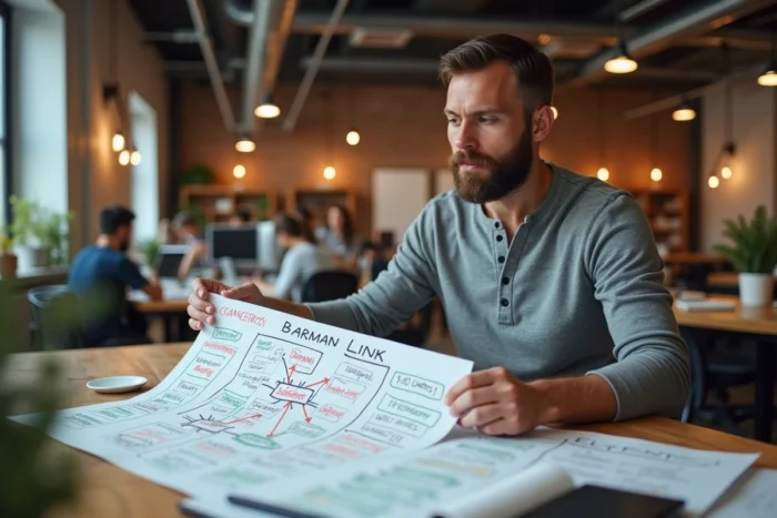 Consultant SEO travaillant sur une carte mentale de stratégie de backlinks dans un espace de coworking