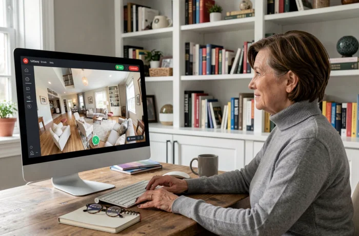 Femme consultant une visite virtuelle de maison sur un écran d'ordinateur depuis un bureau à domicile