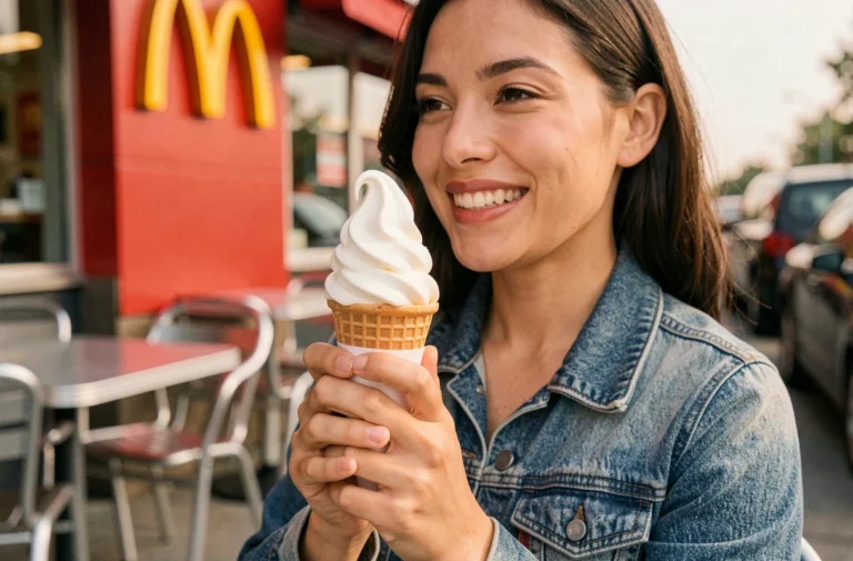 Femme tenant un cornet de glace soft-serve vanille McDonald's en terrasse, souriant avec décontraction